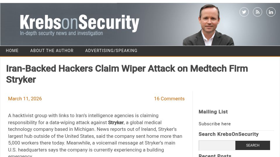 Screenshot of krebsonsecurity.com: Iran-backed hackers claim wiper attack on medtech firm Stryker