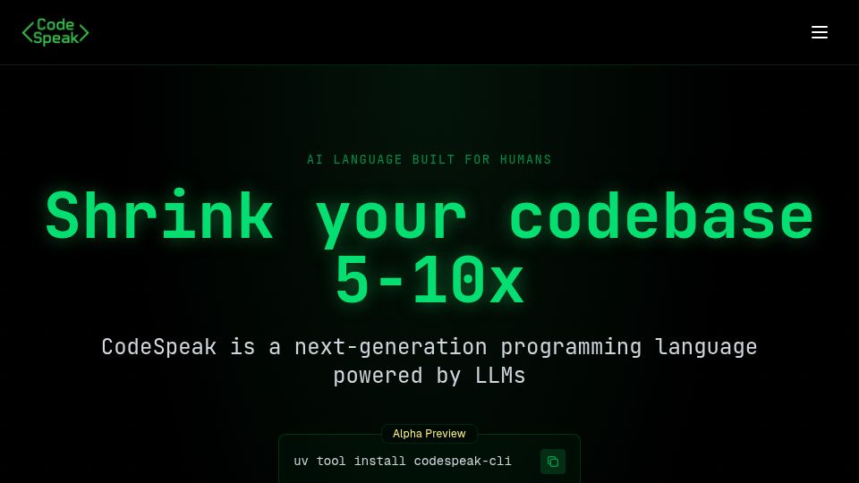 Screenshot of codespeak.dev: Kotlin creator's new language: talk to LLMs in specs, not English