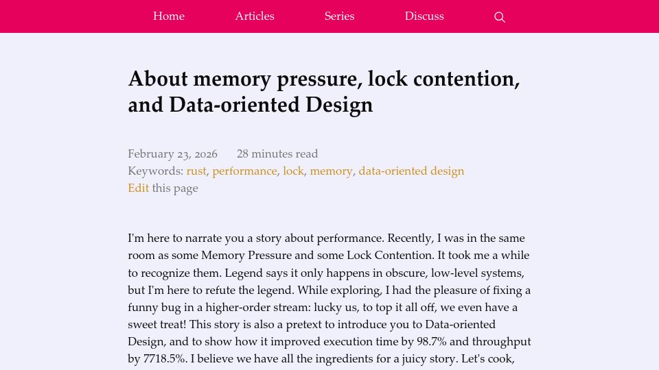 Screenshot of mnt.io: About memory pressure, lock contention, and Data-oriented Design