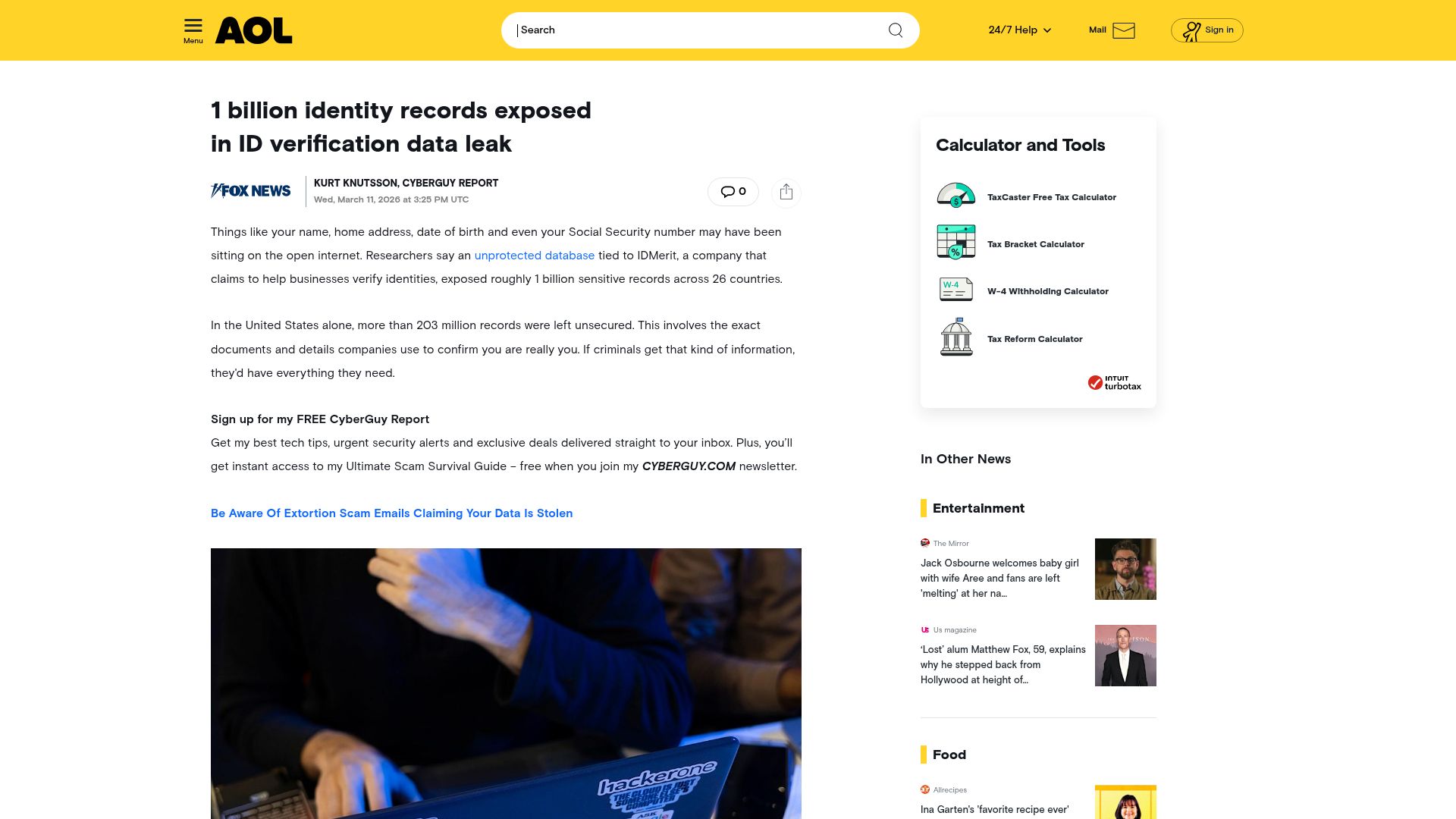 Screenshot of aol.com: 1B identity records exposed in ID verification data leak