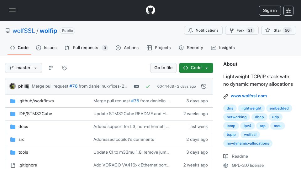 Screenshot of github.com: WolfIP: Lightweight TCP/IP stack with no dynamic memory allocations