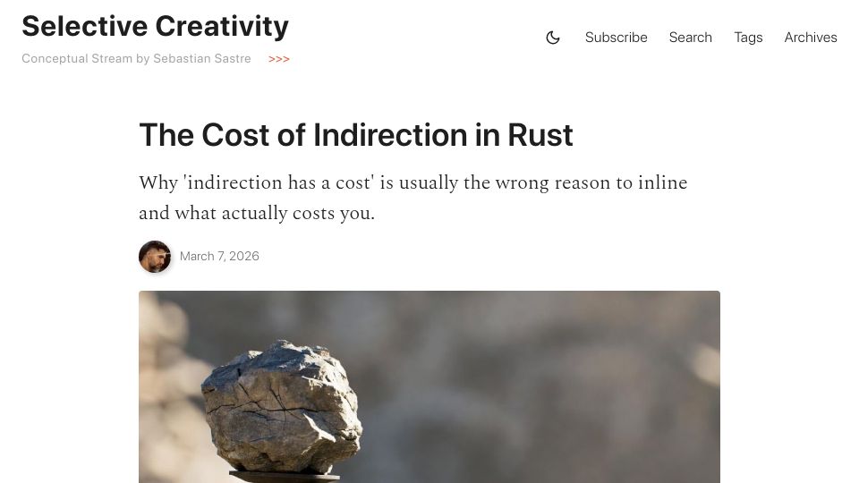 Screenshot of blog.sebastiansastre.co: The Cost of Indirection in Rust