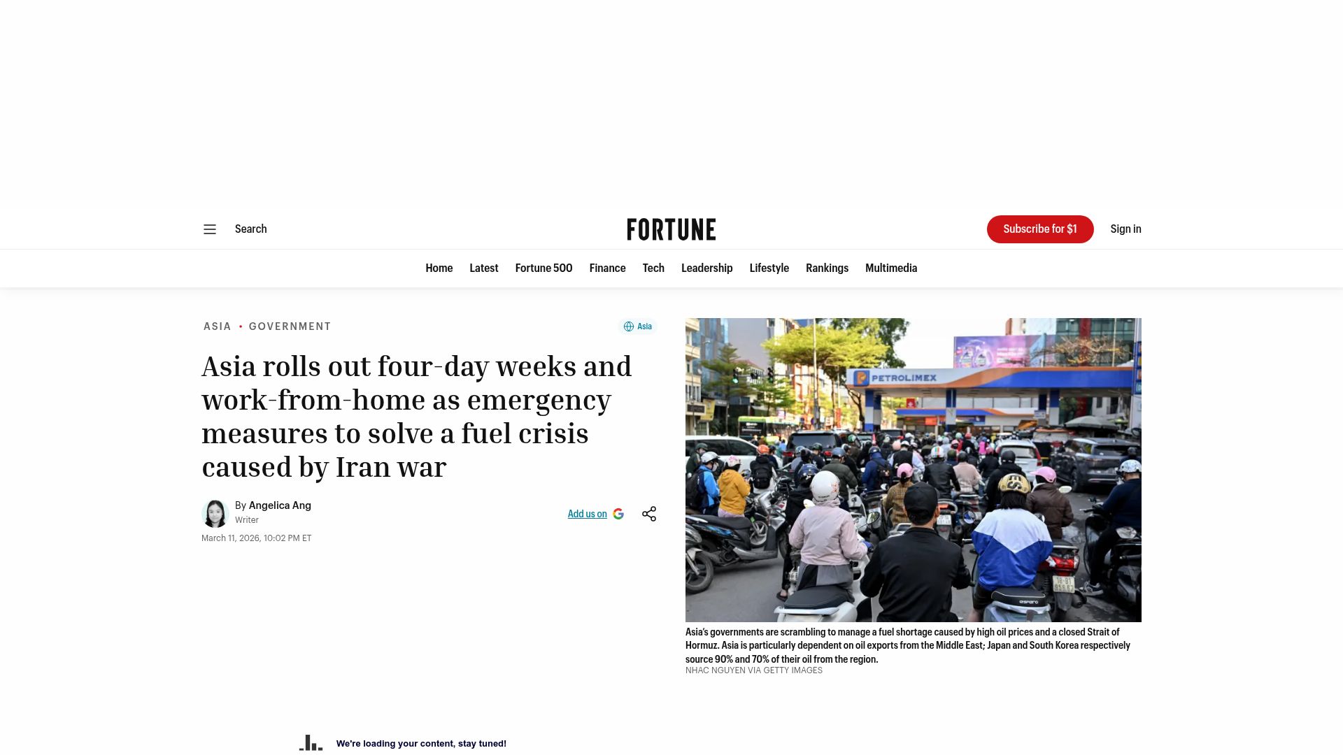 Screenshot of fortune.com: Asia rolls out 4-day weeks, WFH to solve fuel crisis caused by Iran war