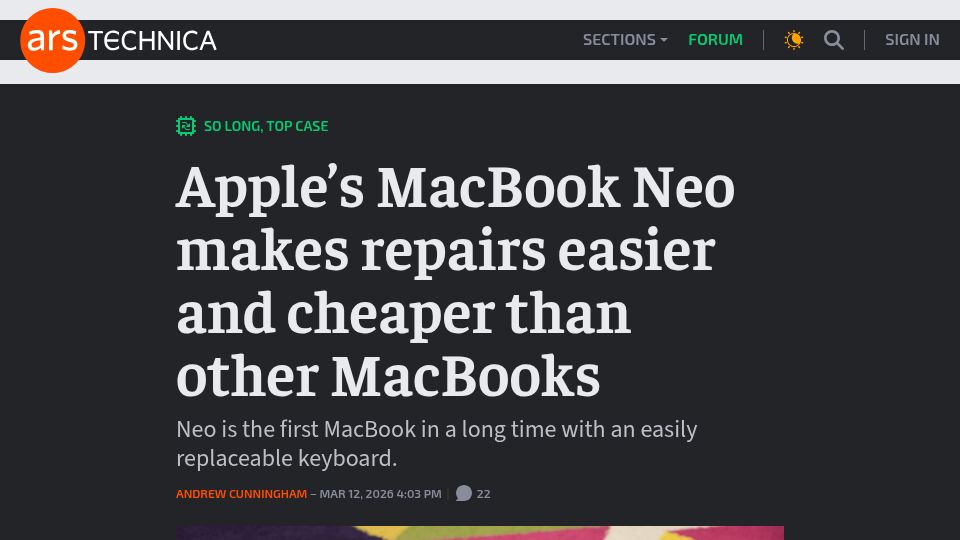 Screenshot of arstechnica.com: Apple's MacBook Neo makes repairs easier and cheaper than other MacBooks