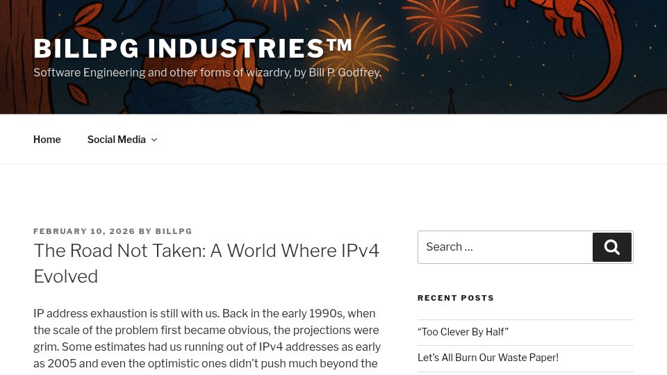 Screenshot of owl.billpg.com: The Road Not Taken: A World Where IPv4 Evolved