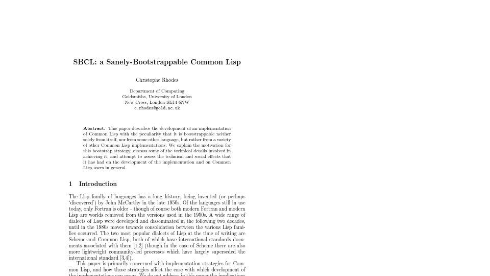 Screenshot of research.gold.ac.uk: SBCL: A Sanely-Bootstrappable Common Lisp (2008) [pdf]