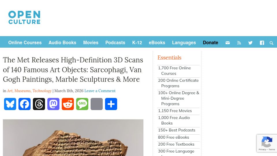 Screenshot of openculture.com: The Met releases high-def 3D scans of 140 famous art objects