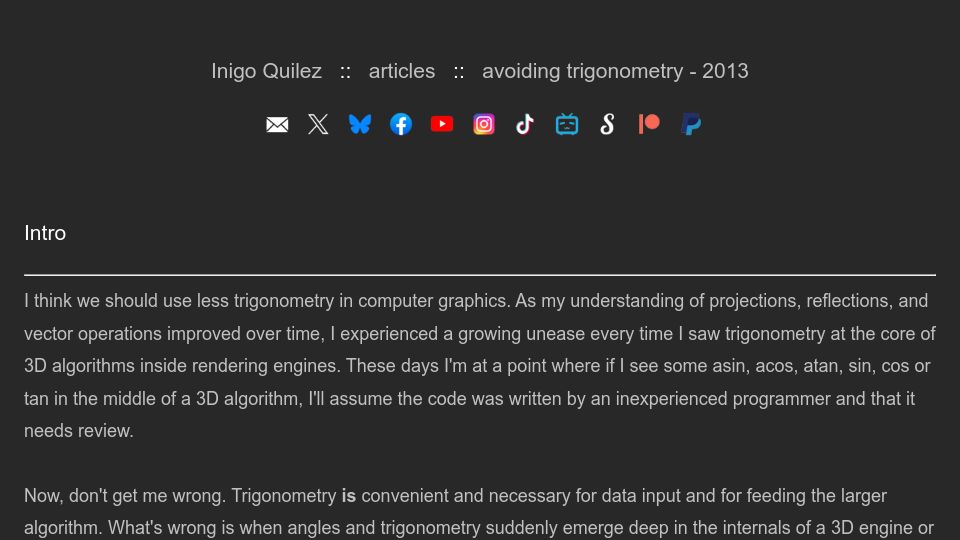 Screenshot of iquilezles.org: Avoiding Trigonometry (2013)