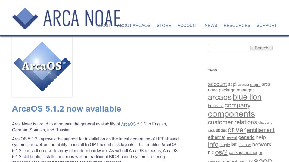 Screenshot of arcanoae.com: ArcaOS 5.1.2 (based on OS/2 Warp 4.52) now available