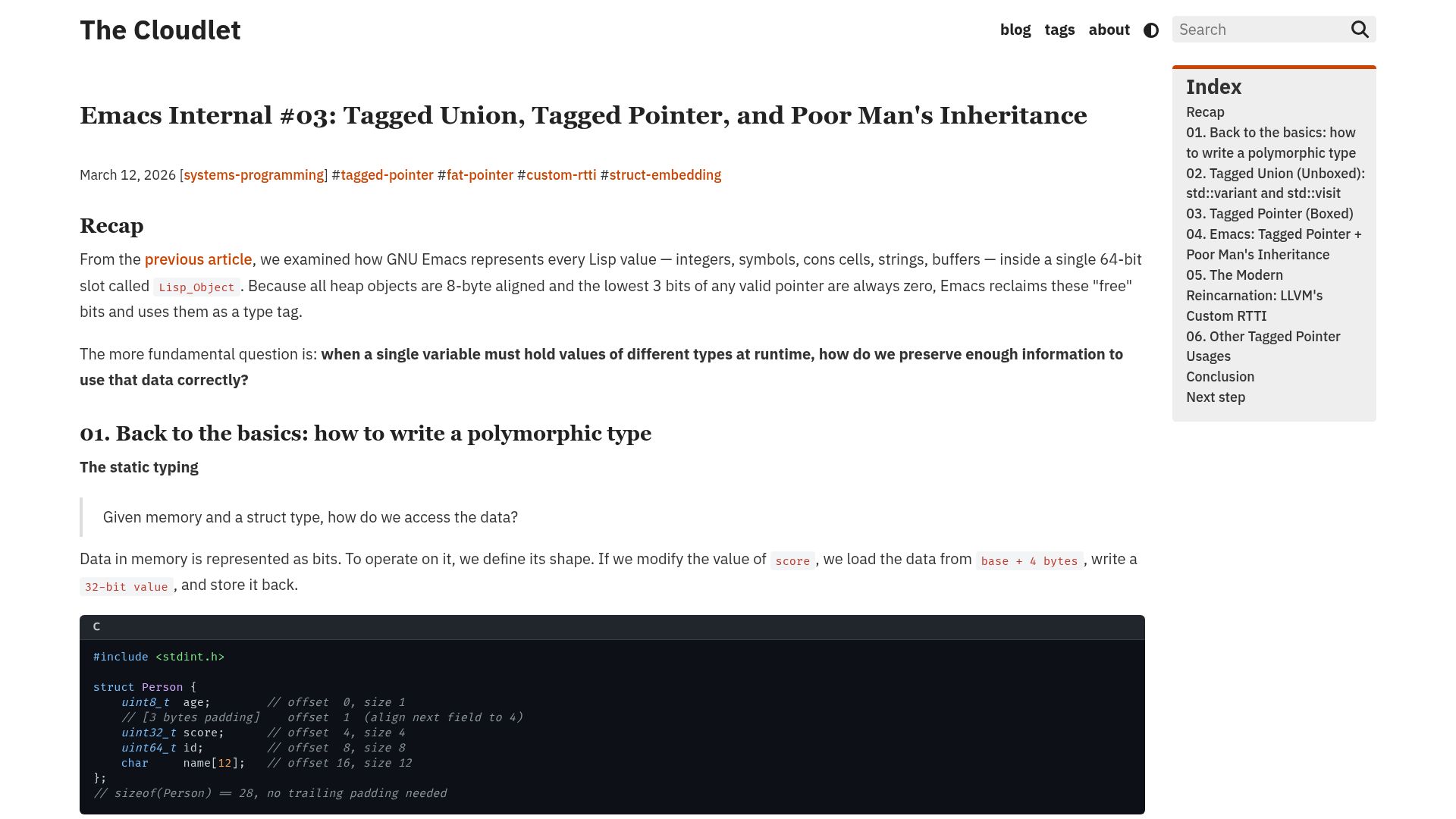 Screenshot of thecloudlet.github.io: Emacs internals: Tagged pointers vs. C++ std:variant and LLVM (Part 3)