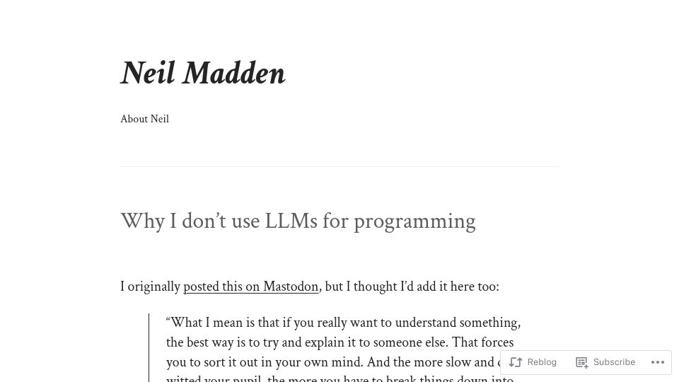 Screenshot of neilmadden.blog: I don't use LLMs for programming