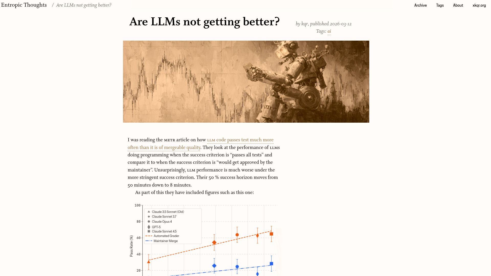 Screenshot of entropicthoughts.com: Are LLM merge rates not getting better?