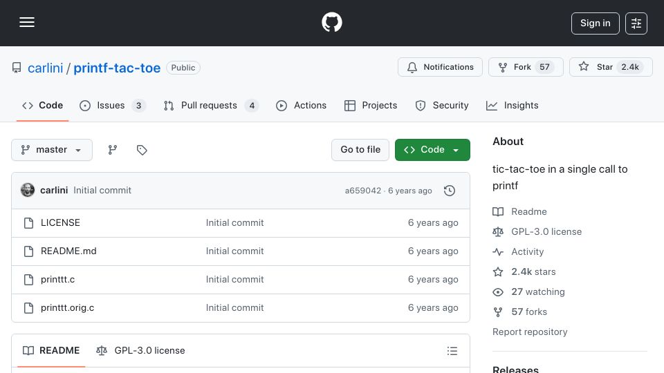 Screenshot of github.com: Printf-Tac-Toe