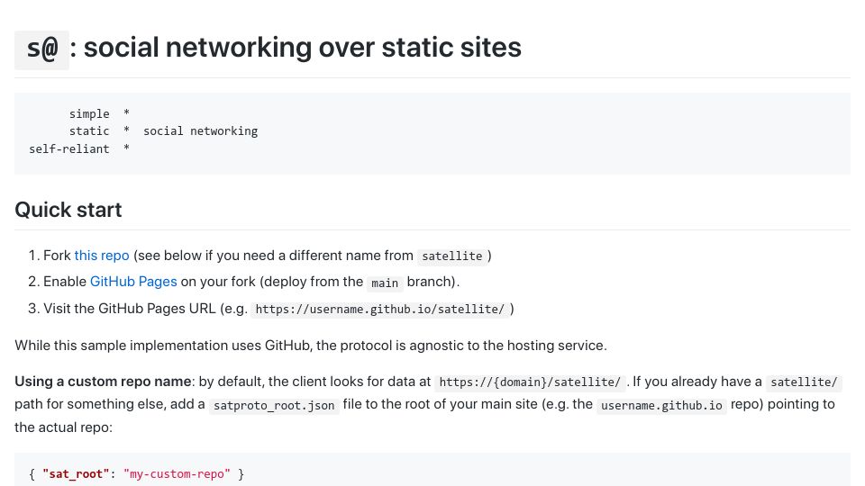 Screenshot of satproto.org: Show HN: s@: decentralized social networking over static sites