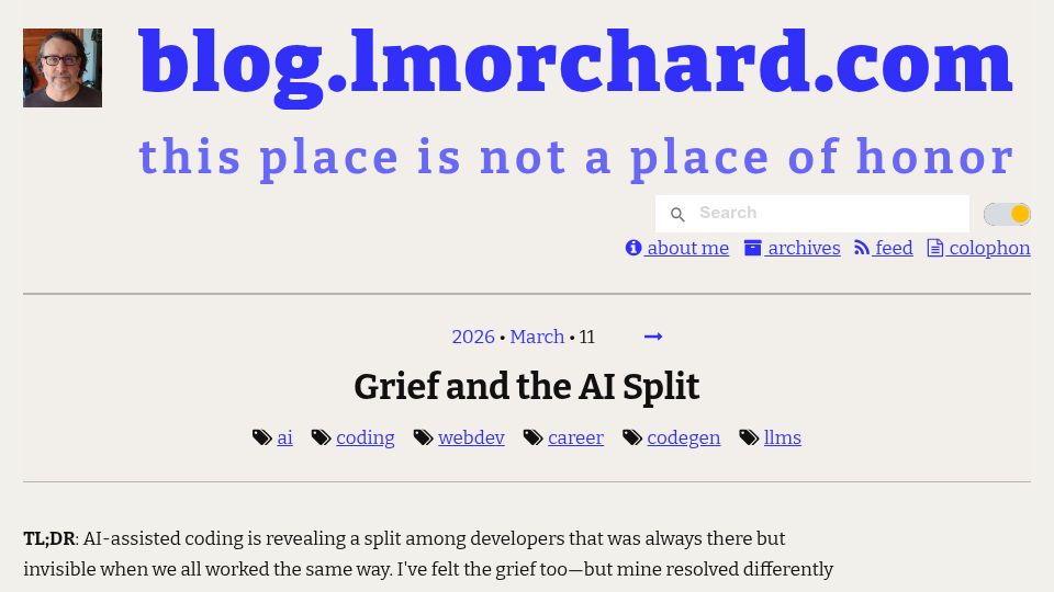 Screenshot of blog.lmorchard.com: Grief and the AI split