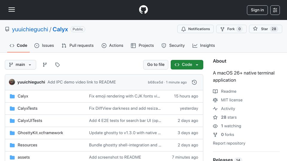 Screenshot of github.com: Show HN: Calyx – Ghostty-Based macOS Terminal with Liquid Glass UI