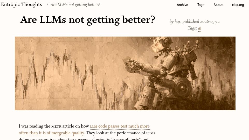 Screenshot of entropicthoughts.com: Are LLM merge rates not getting better?