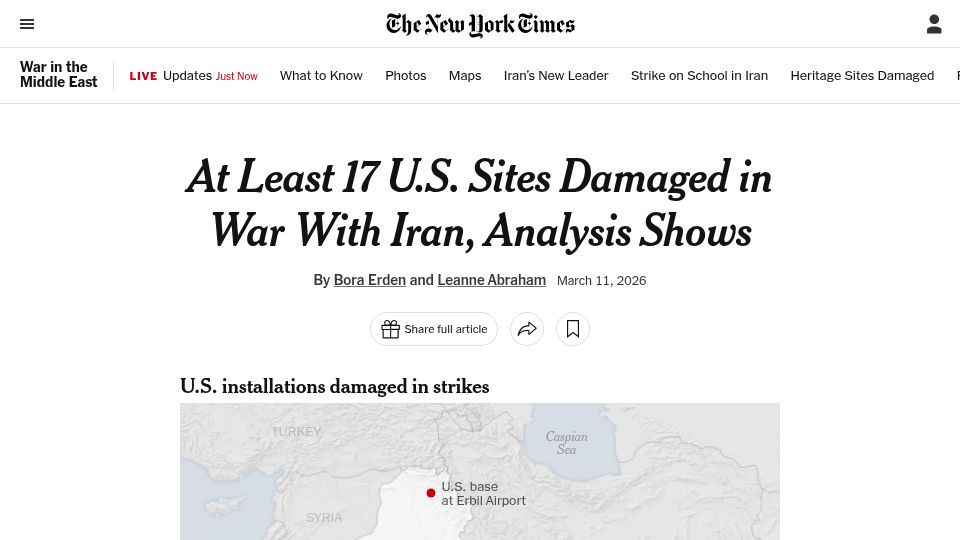 Screenshot of nytimes.com: At Least 17 U.S. Sites Damaged in War with Iran, Analysis Shows