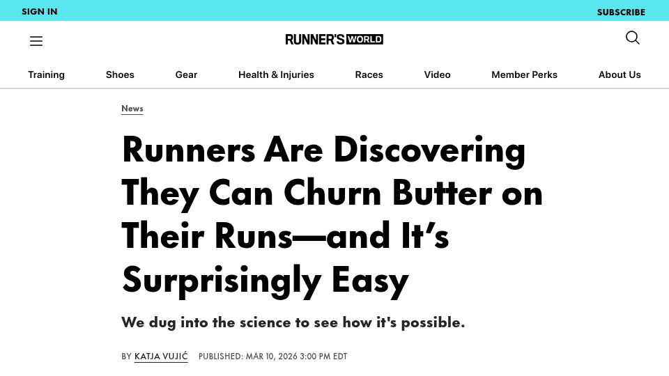 Screenshot of runnersworld.com: Runners who churn butter on their runs