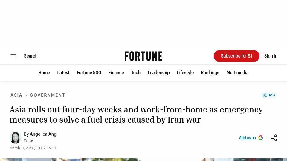 Screenshot of fortune.com: Asia rolls out 4-day weeks, WFH to solve fuel crisis caused by Iran war