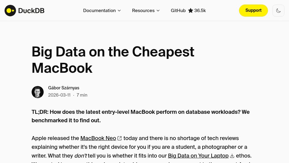 Screenshot of duckdb.org: Big data on the cheapest MacBook