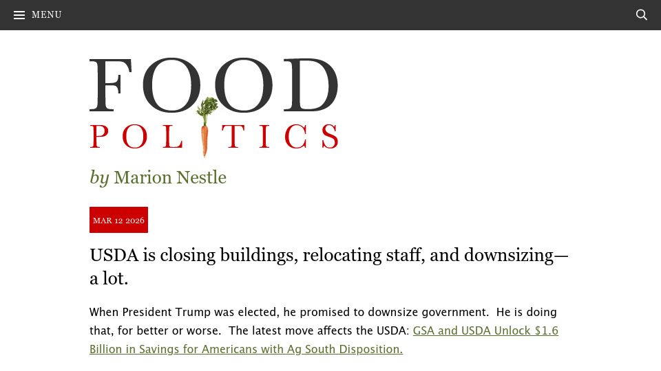 Screenshot of foodpolitics.com: USDA is closing buildings, relocating staff, and downsizing-a lot
