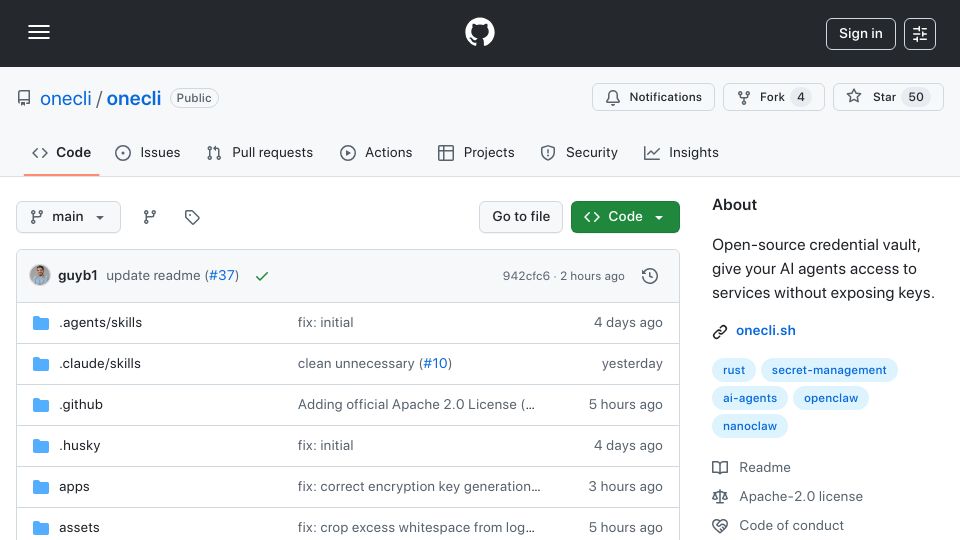 Screenshot of github.com: Show HN: OneCLI – Vault for AI Agents in Rust