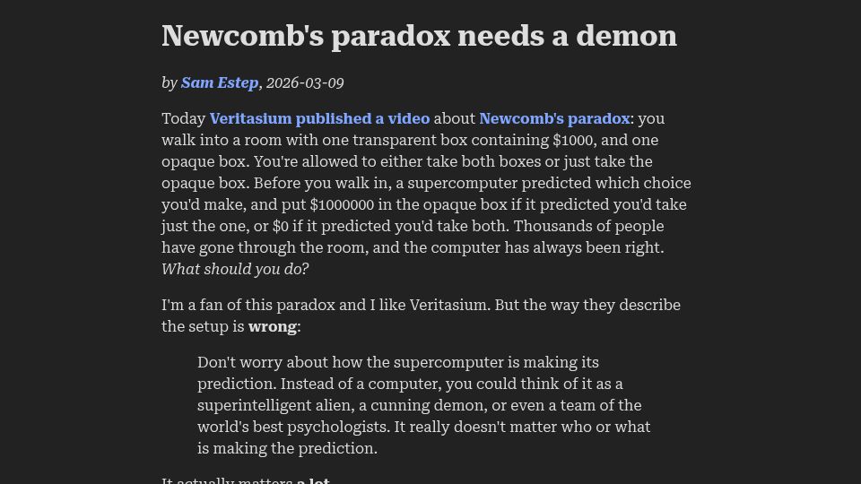 Screenshot of samestep.com: Newcomb's Paradox Needs a Demon