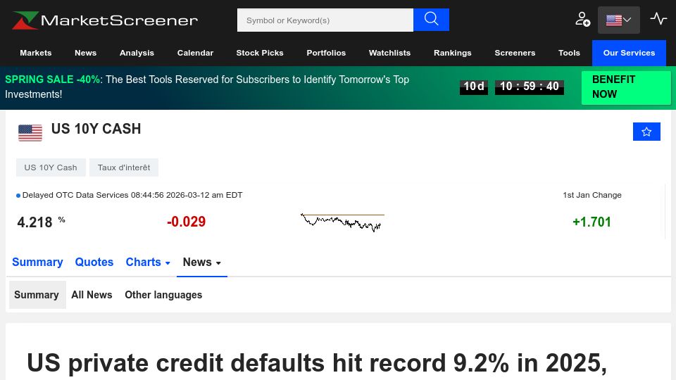 Screenshot of marketscreener.com: US private credit defaults hit record 9.2% in 2025, Fitch says