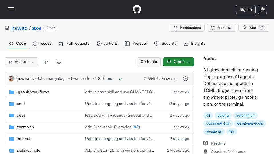 Screenshot of github.com: Show HN: Axe – A 12MB binary that replaces your AI framework