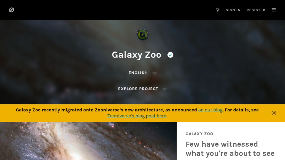 Screenshot of zooniverse.org: Galaxy Zoo