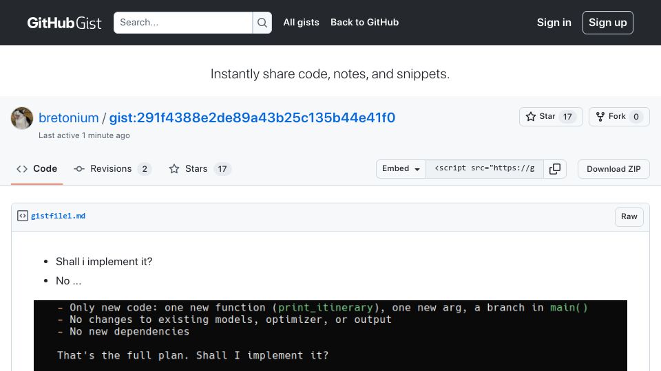 Screenshot of gist.github.com: Shall I implement it? No