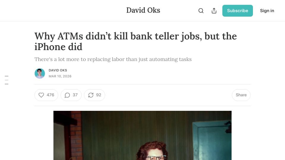 Screenshot of davidoks.blog: ATMs didn’t kill bank teller jobs, but the iPhone did