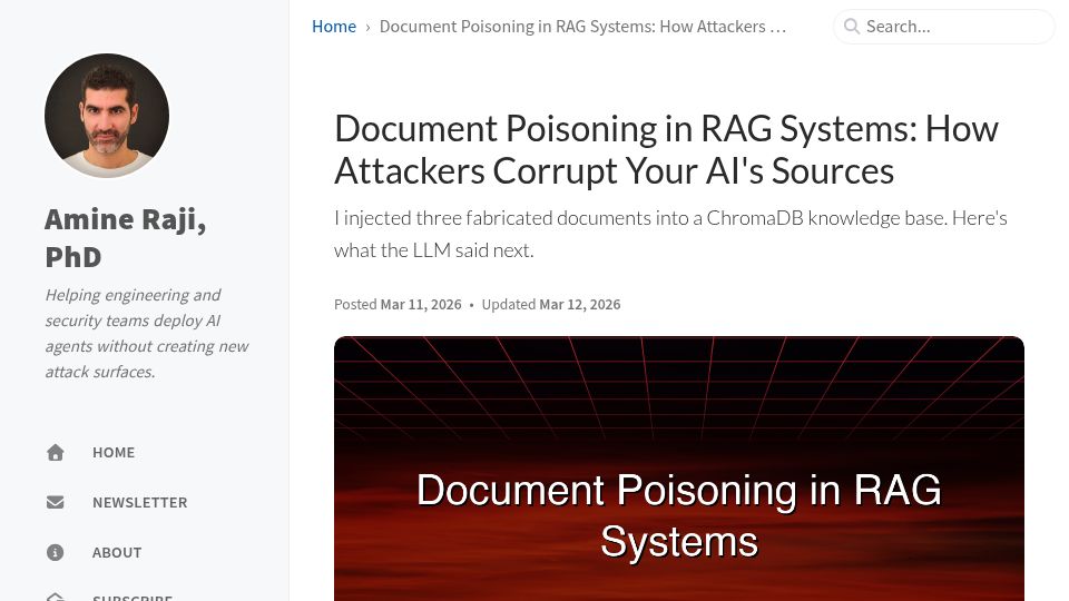 Screenshot of aminrj.com: Document poisoning in RAG systems: How attackers corrupt AI's sources