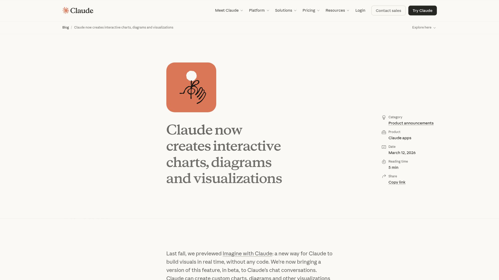 Screenshot of claude.com: Claude now creates interactive charts, diagrams and visualizations