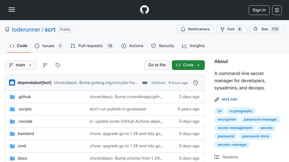 Screenshot of github.com: Scrt: A CLI secret manager for developers, sysadmins and DevOps