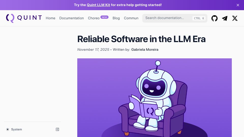 Screenshot of quint-lang.org: Reliable Software in the LLM Era