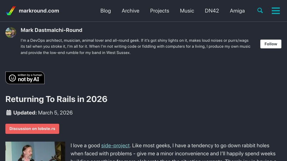 Screenshot of markround.com: Returning to Rails in 2026
