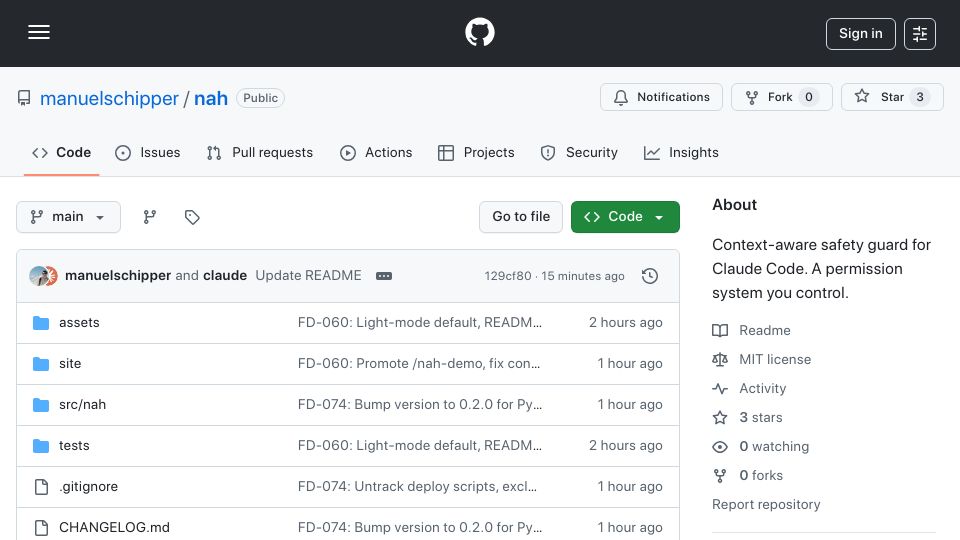 Screenshot of github.com: Show HN: A context-aware permission guard for Claude Code