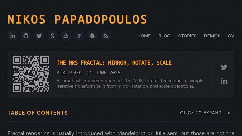 Screenshot of 4rknova.com: The Mrs Fractal: Mirror, Rotate, Scale (2025)