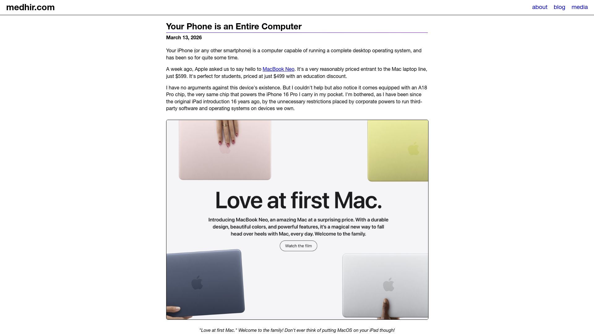 Screenshot of medhir.com: Your phone is an entire computer