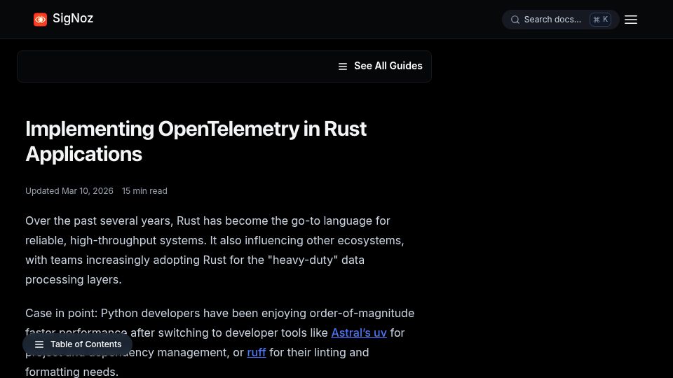 Screenshot of signoz.io: OpenTelemetry for Rust Developers