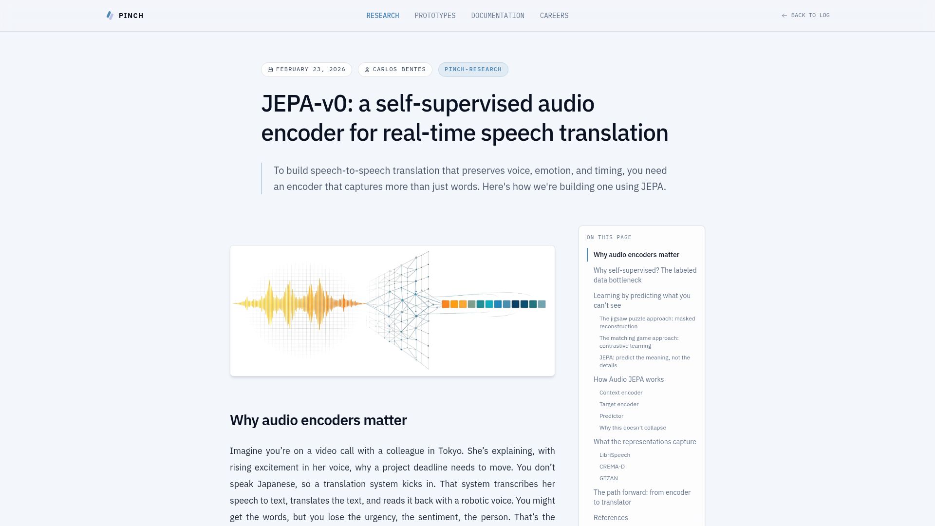 Screenshot of startpinch.com: Exploring JEPA for real-time speech translation