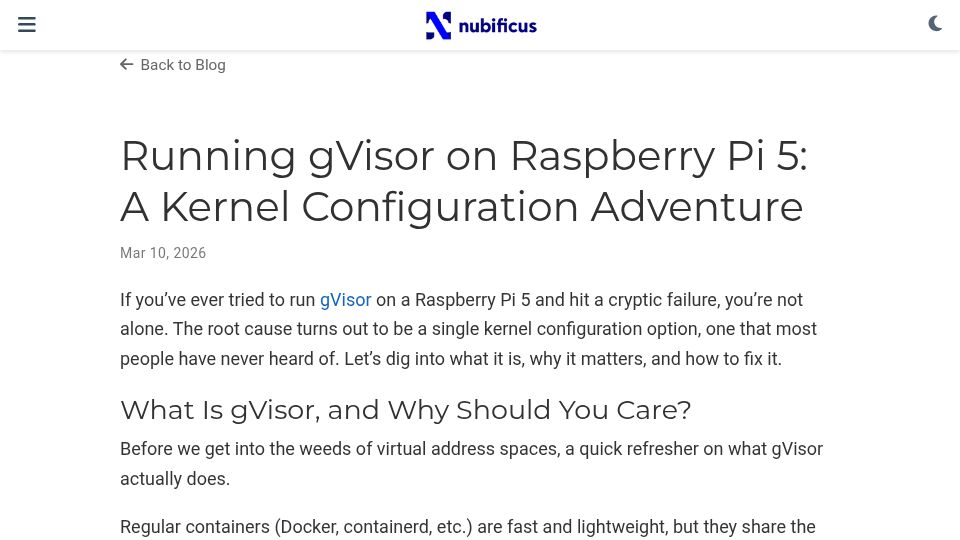 Screenshot of nubificus.co.uk: Gvisor on Raspbian