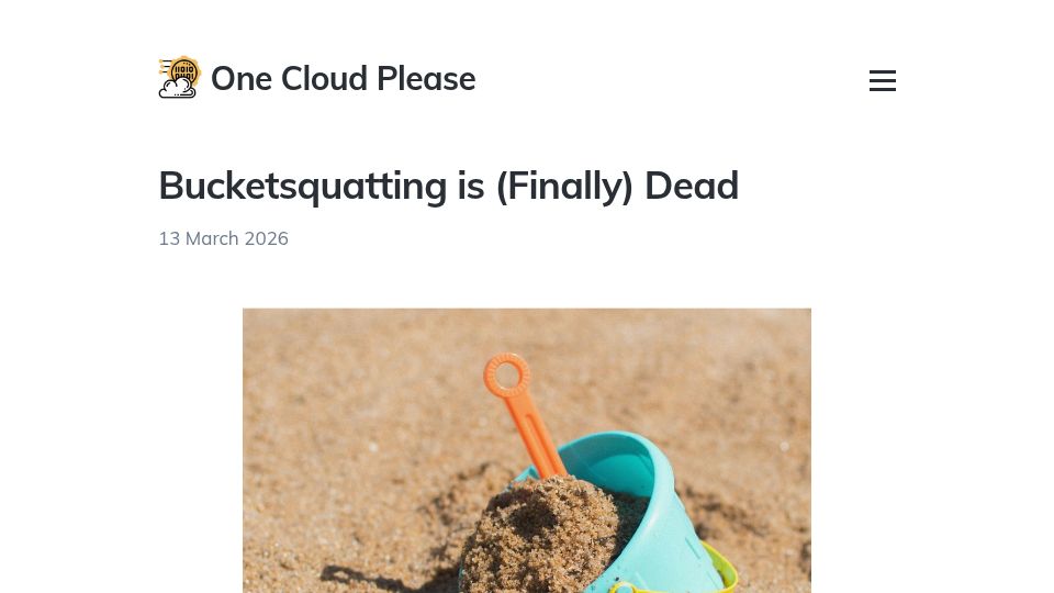 Screenshot of onecloudplease.com: Bucketsquatting is finally dead