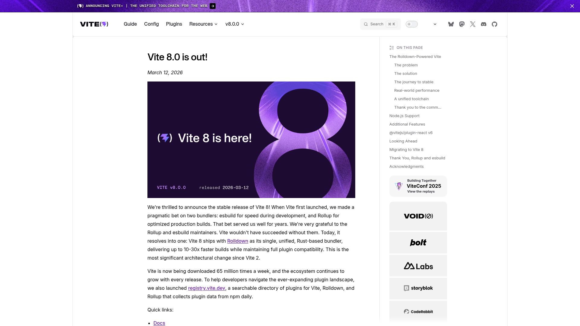Screenshot of vite.dev: Vite 8.0 Is Out