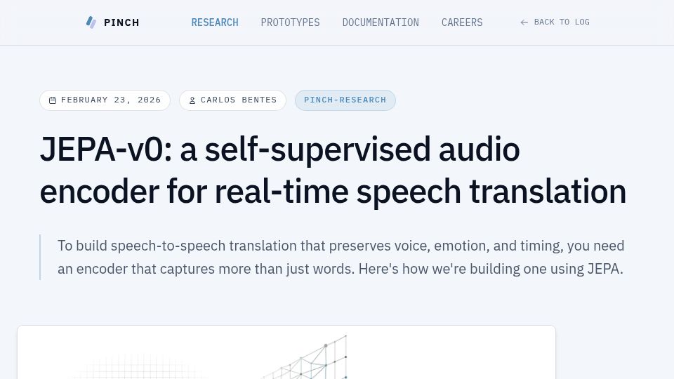 Screenshot of startpinch.com: Exploring JEPA for real-time speech translation