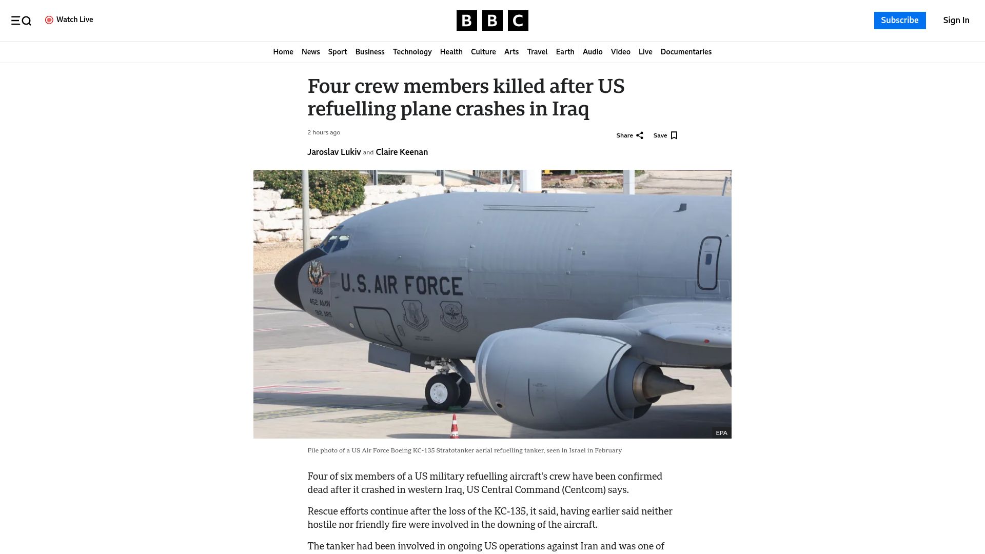 Screenshot of bbc.com: Four crew members killed after US refuelling plane crashes in Iraq
