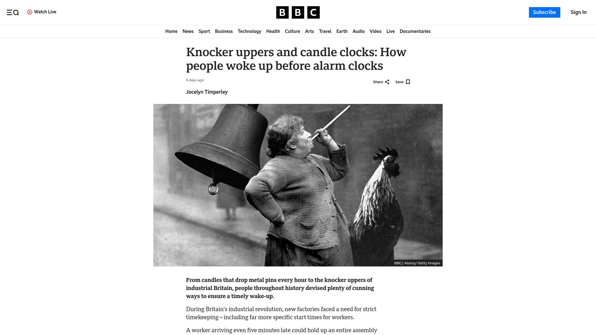 Screenshot of bbc.com: How people woke up before alarm clocks
