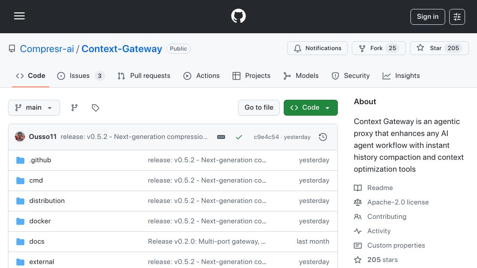 Screenshot of github.com: Show HN: Context Gateway – Compress agent context before it hits the LLM